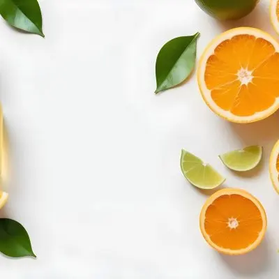 Citrus Fruits Including Orange Slices Lemon Slices And Limes Along With A Glass Bottle Of Essential Oil Or Serum On A White Background 11 Fc24