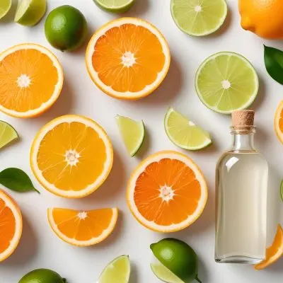 Citrus Fruits Including Orange Slices Lemon Slices And Limes Along With A Glass Bottle Of Essential Oil Or Serum On A White Background 12 8670