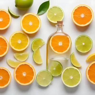 Citrus Fruits Including Orange Slices Lemon Slices And Limes Along With A Glass Bottle Of Essential Oil Or Serum On A White Background 13 76be