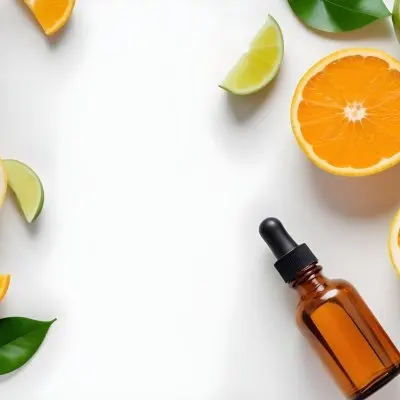 Citrus Fruits Including Orange Slices Lemon Slices And Limes Along With A Glass Bottle Of Essential Oil Or Serum On A White Background 14 F1d5