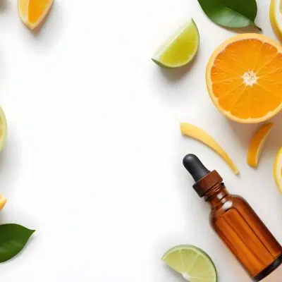 Citrus Fruits Including Orange Slices Lemon Slices And Limes Along With A Glass Bottle Of Essential Oil Or Serum On A White Background 18 9f6c