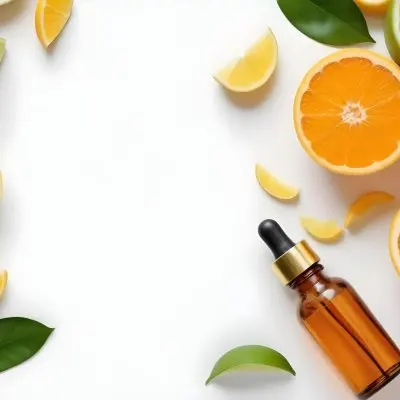 Citrus Fruits Including Orange Slices Lemon Slices And Limes Along With A Glass Bottle Of Essential Oil Or Serum On A White Background 19 Ef63