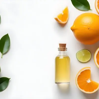 Citrus Fruits Including Orange Slices Lemon Slices And Limes Along With A Glass Bottle Of Essential Oil Or Serum On A White Background 21 85da