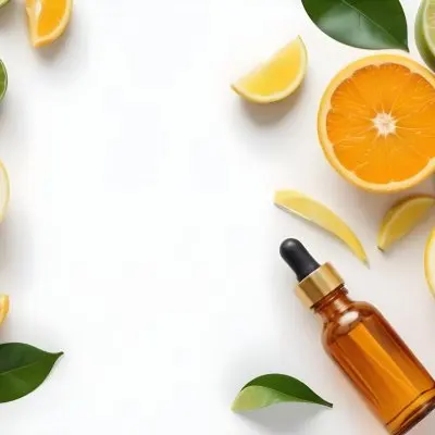 Citrus Fruits Including Orange Slices Lemon Slices And Limes Along With A Glass Bottle Of Essential Oil Or Serum On A White Background 22 2d72
