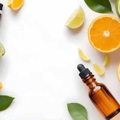 Citrus Fruits Including Orange Slices Lemon Slices And Limes Along With A Glass Bottle Of Essential Oil Or Serum On A White Background 23 3648