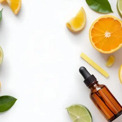 Citrus Fruits Including Orange Slices Lemon Slices And Limes Along With A Glass Bottle Of Essential Oil Or Serum On A White Background 27 B39f