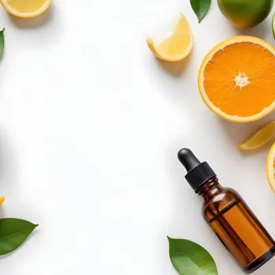 Citrus Fruits Including Orange Slices Lemon Slices And Limes Along With A Glass Bottle Of Essential Oil Or Serum On A White Background 28 9fe8