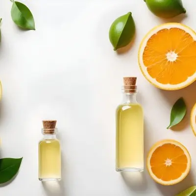 Citrus Fruits Including Orange Slices Lemon Slices And Limes Along With A Glass Bottle Of Essential Oil Or Serum On A White Background 5 E9d7