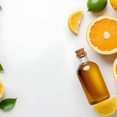 Citrus Fruits Including Orange Slices Lemon Slices And Limes Along With A Glass Bottle Of Essential Oil Or Serum On A White Background 6 5d36