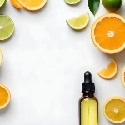 Citrus Fruits Including Orange Slices Lemon Slices And Limes Along With A Glass Bottle Of Essential Oil Or Serum On A White Background 9 2519