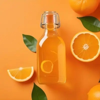 Citrus Fruits Including Oranges Lemons And A Glass Bottle With A Liquid Surrounded By Green Leaves 6 82be
