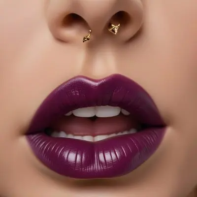 Close Up Of A Pair Of Lips With A Glossy Deep Purple Lipstick The Lips Are Slightly Parted Revealing White Teeth A Decorative Gold Septum Ring Is Positioned In The Center Above The Lips The Background Is Neutral And 104f