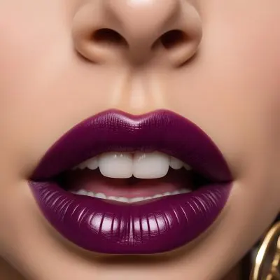 Close Up Of A Pair Of Lips With A Glossy Deep Purple Lipstick The Lips Are Slightly Parted Revealing White Teeth A Decorative Gold Septum Ring Is Positioned In The Center Above The Lips The Background Is Neutral And 13 9820