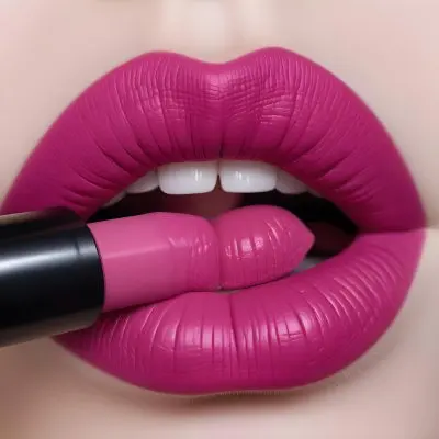 Close Up Of A Pair Of Lips With A Vibrant Matte Fuchsia Lipstick Being Applied The Lips Are Full With Visible Texture A Lipstick Bullet In A Similar Shade Is Positioned Against The Lips Emphasizing The Makeup Applic 9 416a