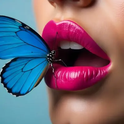 Close Up Of A Woman S Bright Red Lips With A Vibrant Blue Butterfly Resting On Them 10 6789