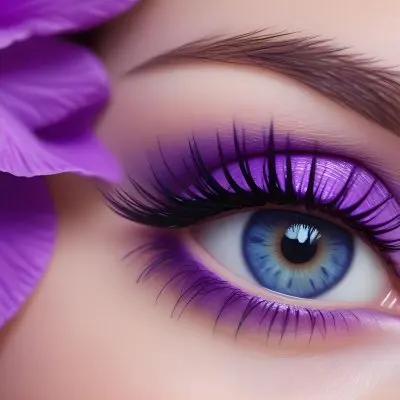 Close Up Of A Woman S Eye With Vibrant Purple Eyeshadow And Long Eyelashes The Eye Has A Blue Iris With A Hint Of Blue A Purple Flower Petal Is Positioned Next To The Eye Enhancing The Colorful Makeup The Background 5410