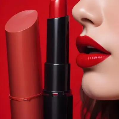 Close Up Of A Woman S Lips Wearing A Bold Red Lipstick With A Lipstick Tube In The Background Against A Red Backdrop 7 Dabc