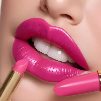Close Up Of A Woman S Lips With A Bold Fuchsia Lipstick The Lips Are Well Defined And Glossy Showcasing A Smooth Texture A Hand Holding A Gold Lipstick Tube Is Visible With The Brand Logo Facing Up The Background Is 18 3606