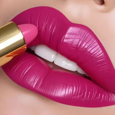 Close Up Of A Woman S Lips With A Bold Fuchsia Lipstick The Lips Are Well Defined And Glossy Showcasing A Smooth Texture A Hand Holding A Gold Lipstick Tube Is Visible With The Brand Logo Facing Up The Background Is 22 288e
