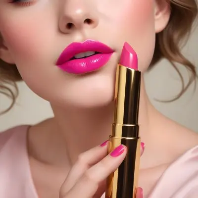 Close Up Of A Woman S Lips With A Bold Fuchsia Lipstick The Lips Are Well Defined And Glossy Showcasing A Smooth Texture A Hand Holding A Gold Lipstick Tube Is Visible With The Brand Logo Facing Up The Background Is 27 8963