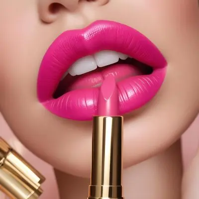 Close Up Of A Woman S Lips With A Bold Fuchsia Lipstick The Lips Are Well Defined And Glossy Showcasing A Smooth Texture A Hand Holding A Gold Lipstick Tube Is Visible With The Brand Logo Facing Up The Background Is 30 C674