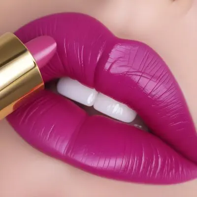 Close Up Of A Woman S Lips With A Bold Fuchsia Lipstick The Lips Are Well Defined And Glossy Showcasing A Smooth Texture A Hand Holding A Gold Lipstick Tube Is Visible With The Brand Logo Facing Up The Background Is 35 185b