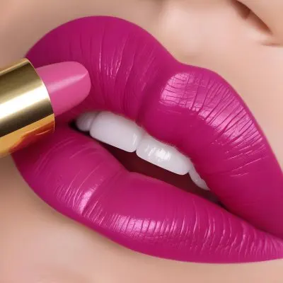 Close Up Of A Woman S Lips With A Bold Fuchsia Lipstick The Lips Are Well Defined And Glossy Showcasing A Smooth Texture A Hand Holding A Gold Lipstick Tube Is Visible With The Brand Logo Facing Up The Background Is 36 Bfaf