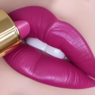Close Up Of A Woman S Lips With A Bold Fuchsia Lipstick The Lips Are Well Defined And Glossy Showcasing A Smooth Texture A Hand Holding A Gold Lipstick Tube Is Visible With The Brand Logo Facing Up The Background Is 4 C41d