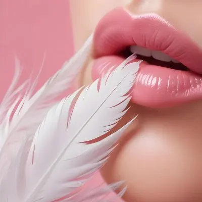 Close Up Of A Woman S Lips With A White Feather Touching Them Against A Pink Background 1 A46c