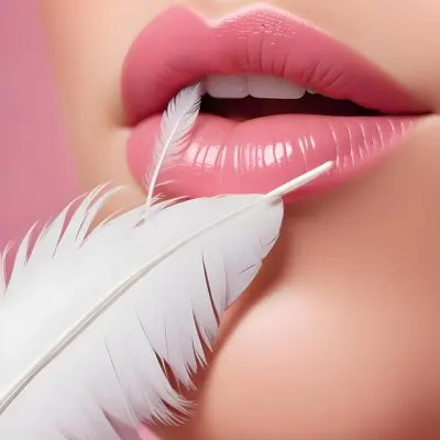 Close Up Of A Woman S Lips With A White Feather Touching Them Against A Pink Background 12 1b0e