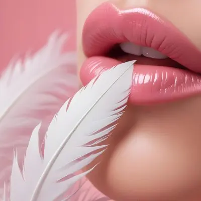 Close Up Of A Woman S Lips With A White Feather Touching Them Against A Pink Background 15 3a52