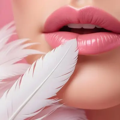 Close Up Of A Woman S Lips With A White Feather Touching Them Against A Pink Background 19 59e0