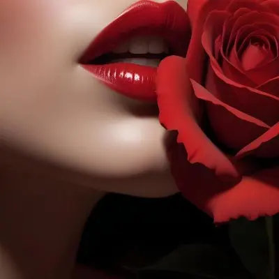 Close Up Of A Woman S Red Lips And A Red Rose With Dramatic Lighting And Shadow Effect 12 424a