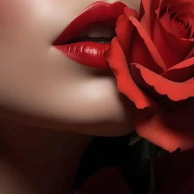 Close Up Of A Woman S Red Lips And A Red Rose With Dramatic Lighting And Shadow Effect 8 650f