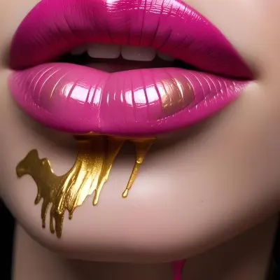 Close Up Of Lips Painted With Bold Pink And Metallic Gold Lipstick Featuring Drips And Streaks Of Color Set Against A Dark Background 4 Bb38