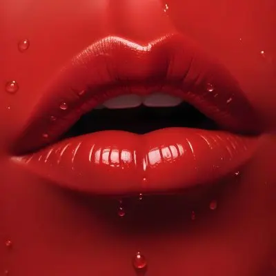 Closeup Of A Woman S Full Glossy Red Lips With Water Droplets On Them Against A Red Background 11 Ea59