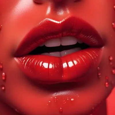 Closeup Of A Woman S Full Glossy Red Lips With Water Droplets On Them Against A Red Background 14 32a3