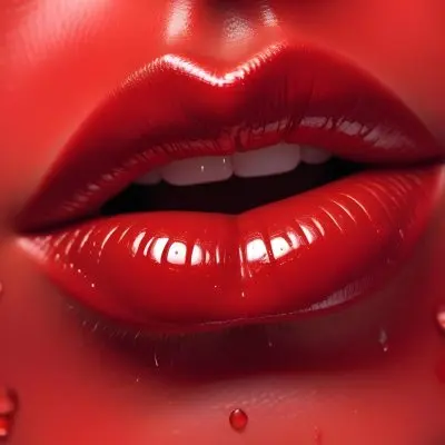 Closeup Of A Woman S Full Glossy Red Lips With Water Droplets On Them Against A Red Background 16 1e64