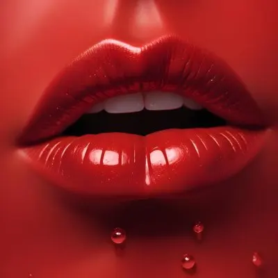 Closeup Of A Woman S Full Glossy Red Lips With Water Droplets On Them Against A Red Background 22 4310