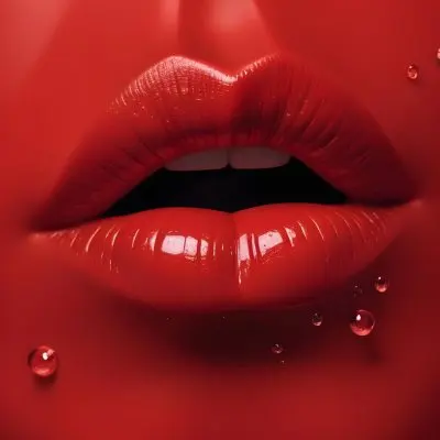 Closeup Of A Woman S Full Glossy Red Lips With Water Droplets On Them Against A Red Background 23 F6cd
