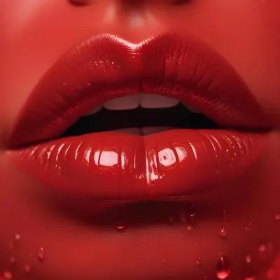 Closeup Of A Woman S Full Glossy Red Lips With Water Droplets On Them Against A Red Background 30 54d2