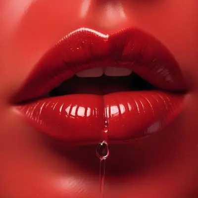 Closeup Of A Woman S Full Glossy Red Lips With Water Droplets On Them Against A Red Background 6 76b6