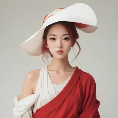 Colorful Flat Illustration Classical Animes A Young Asian Woman With Light Skin And Long Red Hair Wearing A Large White Hat And A Draped Garment That Is Red And White The Background Is A Soft Muted Color Enhancing 12 990b