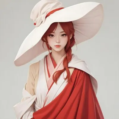 Colorful Flat Illustration Classical Animes A Young Asian Woman With Light Skin And Long Red Hair Wearing A Large White Hat And A Draped Garment That Is Red And White The Background Is A Soft Muted Color Enhancing 13 7cd4