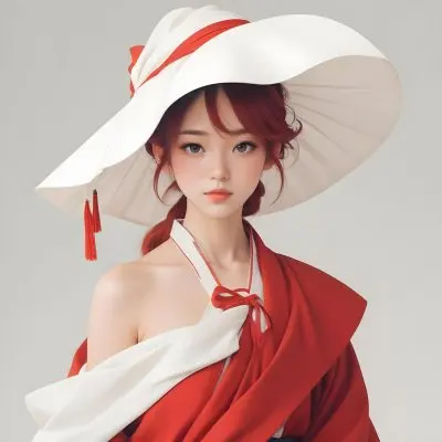 Colorful Flat Illustration Classical Animes A Young Asian Woman With Light Skin And Long Red Hair Wearing A Large White Hat And A Draped Garment That Is Red And White The Background Is A Soft Muted Color Enhancing 16 Db5c