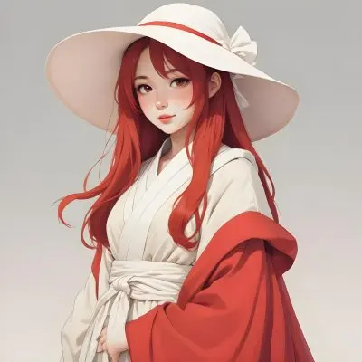 Colorful Flat Illustration Classical Animes A Young Asian Woman With Light Skin And Long Red Hair Wearing A Large White Hat And A Draped Garment That Is Red And White The Background Is A Soft Muted Color Enhancing 22 D70c
