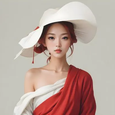 Colorful Flat Illustration Classical Animes A Young Asian Woman With Light Skin And Long Red Hair Wearing A Large White Hat And A Draped Garment That Is Red And White The Background Is A Soft Muted Color Enhancing 6 9c35
