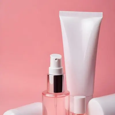 Cosmetic Bottles And Tubes Of Different Sizes And Shapes On A Pink Background Some Of Them Are White And Transparent 40 C191