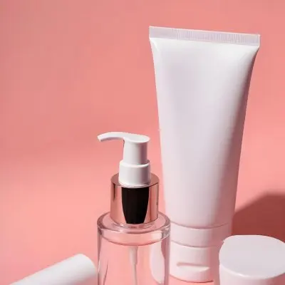 Cosmetic Bottles And Tubes Of Different Sizes And Shapes On A Pink Background Some Of Them Are White And Transparent 45 Ebde