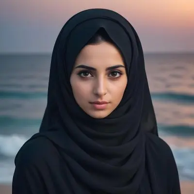 Dark And Mysterious A Young Middle Eastern Woman With Dark Hair And Dark Eyes Wearing A Black Hijab With A Single Tear Falling Down Her Cheek The Background Shows A Calm Ocean Scene Dark Shadows And Fog Blu 15 4919